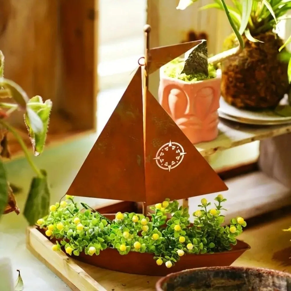 pot fleurs bateau métal vintage marron rustique compas succulentes decoratif