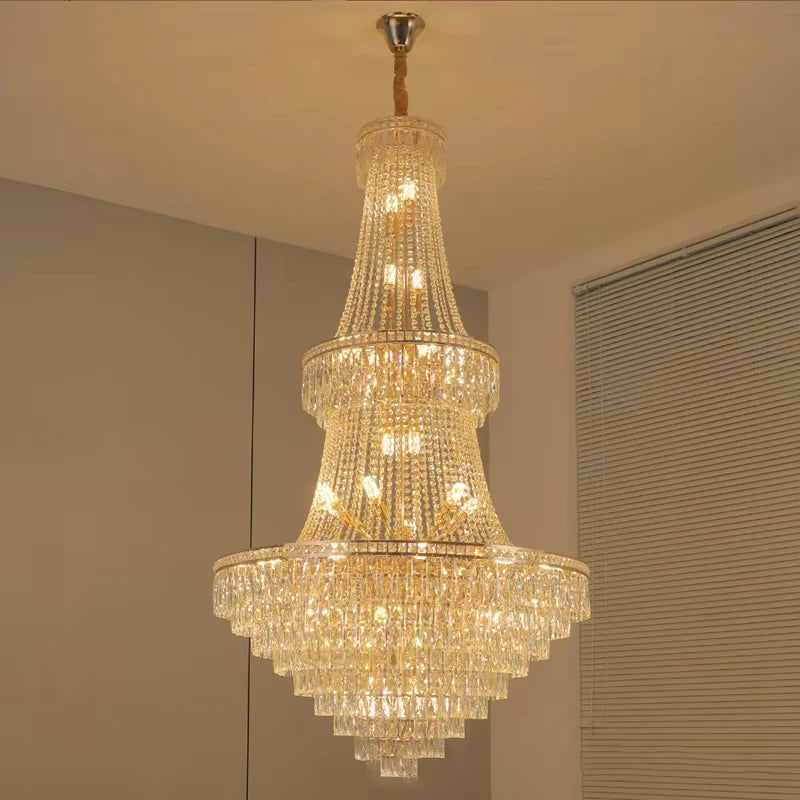 lustre pendentif cristal or hall salon classique 30mètres carrés 20lumières transparents decoration