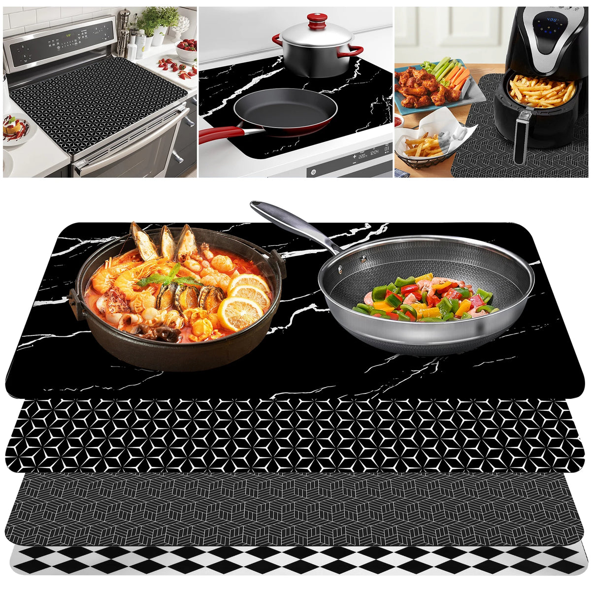 tapis protection induction silicone anti dérapant moderne motif géométrique noir 78x52cm