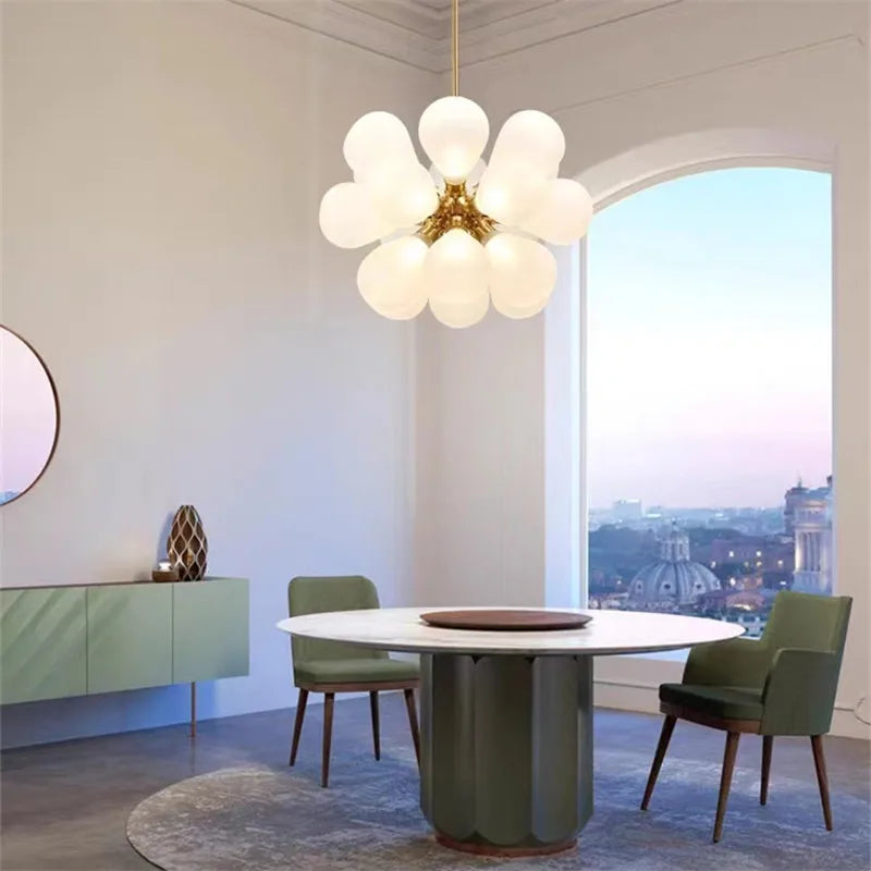 Suspension lumineuse boules vertes moderne ampoules led blanc doré floral