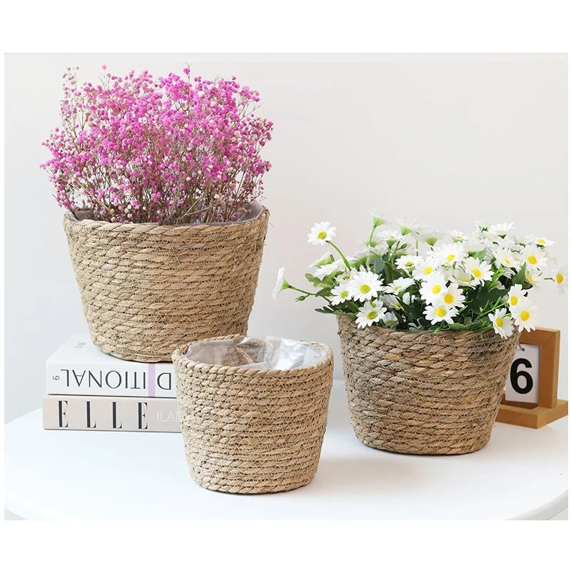 paniers tissés paille rustique boho chic intérieur extérieur stockage fleurs verte naturel