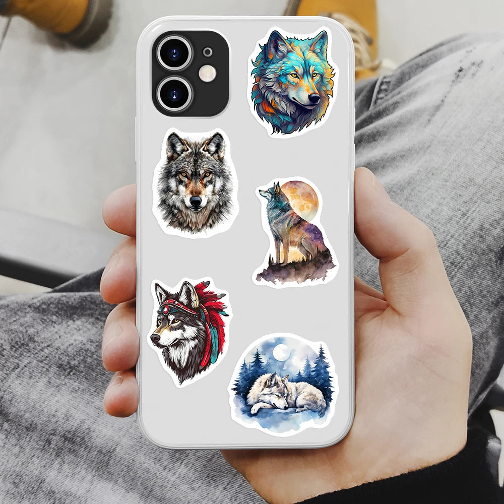 stickers adhésifs waterproof modernes illustrations loups motifs ethniques forêt nocturne galactiques multicolores adultes adolescents