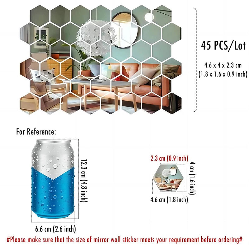 miroir hexagonal moderne adhésif argenté géométrique acrylique 45 pièces DIYcoration