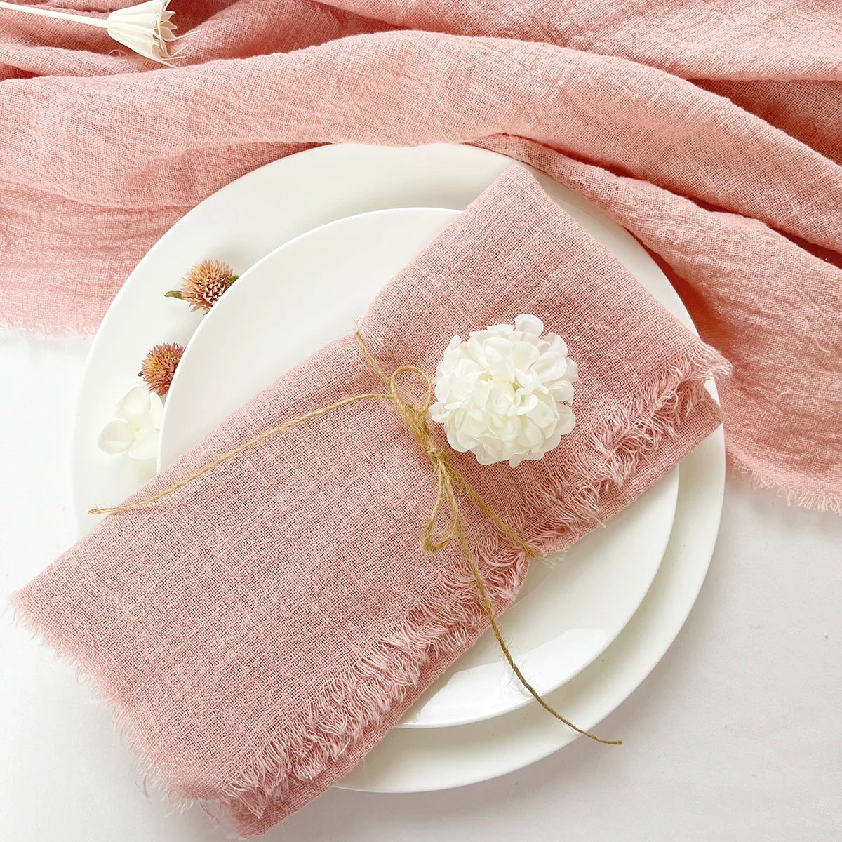 lot serviettes table coton rose franges ruban décorations mariage fête table rustique moderne