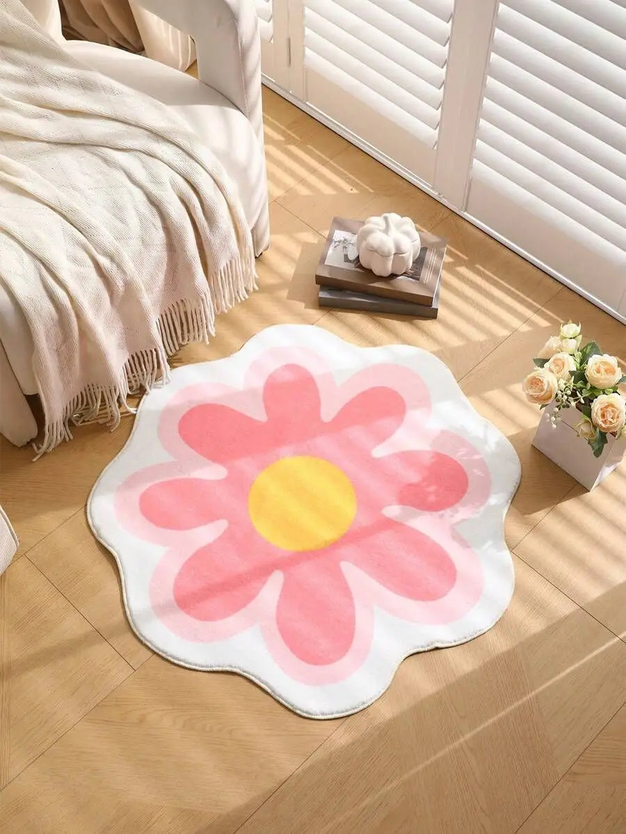 tapis fleur stylisé moderne rose blanc jaune antidérapant imperméable extérieur intérieur