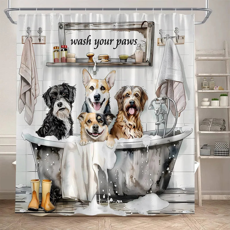 Rideau de douche illustrant quatre chiens de différentes races dans une baignoire, entourés d’accessoires de salle de bain, avec la mention “wash your paws” en haut.