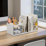 support livres transparent moderne tiroirs poignées lapin blanc grille métal chromé