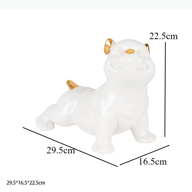 figurine chien bouledogue français noir blanc détails dorés lisse brillante moderne décorative