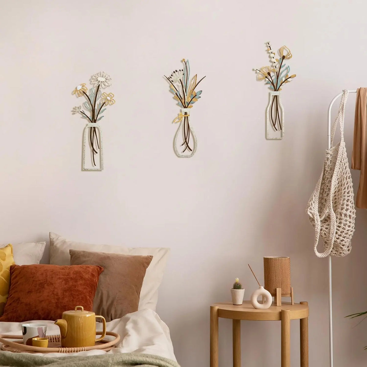 bouquet mural fleurs artificielles moderne minimaliste adhésif blanc beige marron
