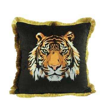 taie d'oreiller tigre léopard feuilles tropicales moderne housse coussin velours noir moutarde décoration salon