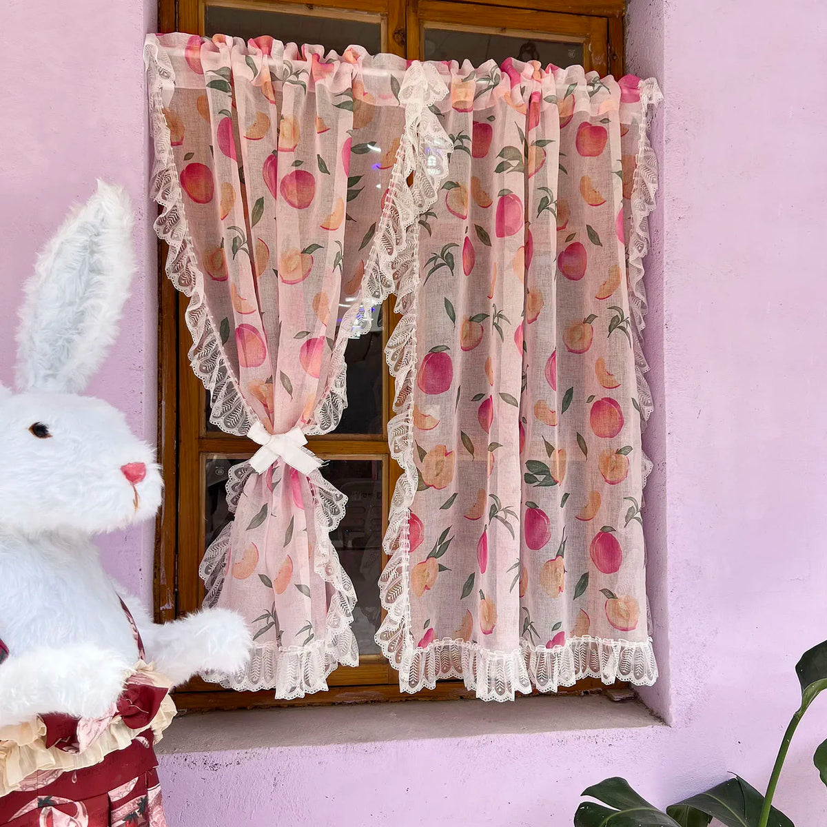 rideau imprimé fruits pêches dentelle vintage rose blanc maison fenêtre