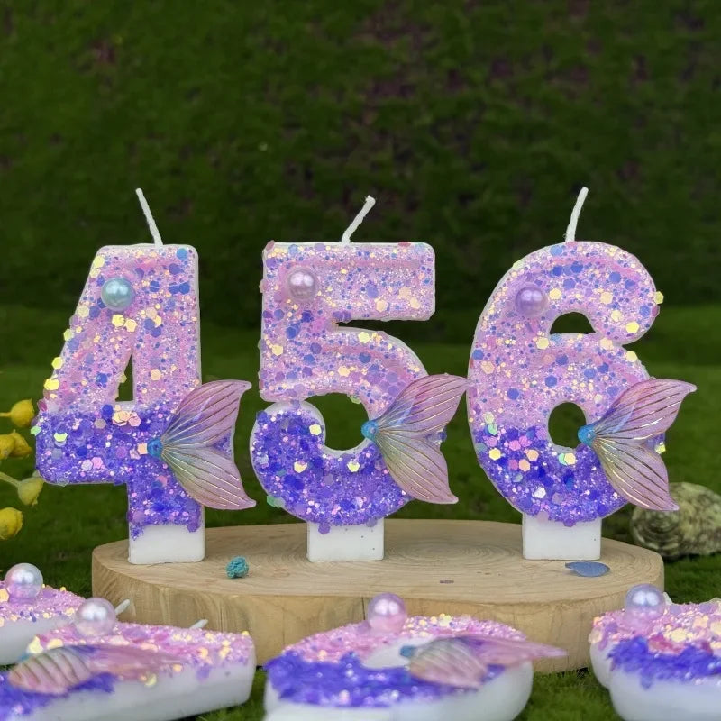 bougies anniversaire chiffres violet paillettes pois dorés thème sirène festive mariage