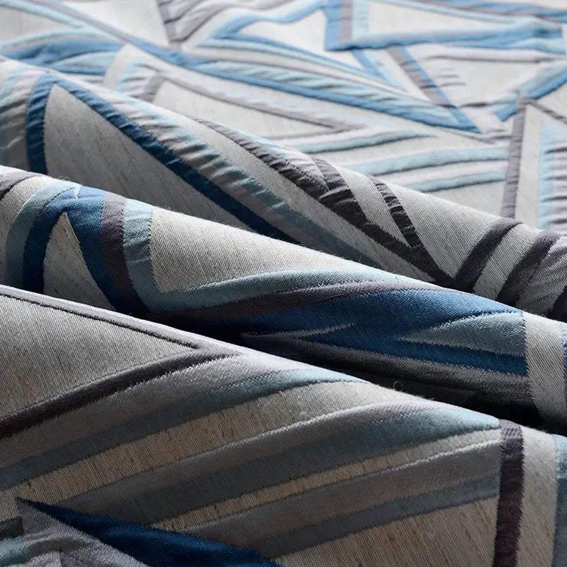 rideau moderne bleu gris blanc motif géométrique triangles opacité salon chambre fenêtre tissu polyester