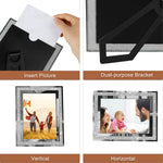 Cadre photo en verre cristal avec bord argenté sous différents angles