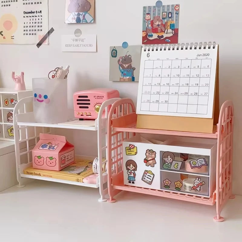 rangements pliant double niveau blanc rose jaune calendrier carnet stylos boîtes stickers radio lampe