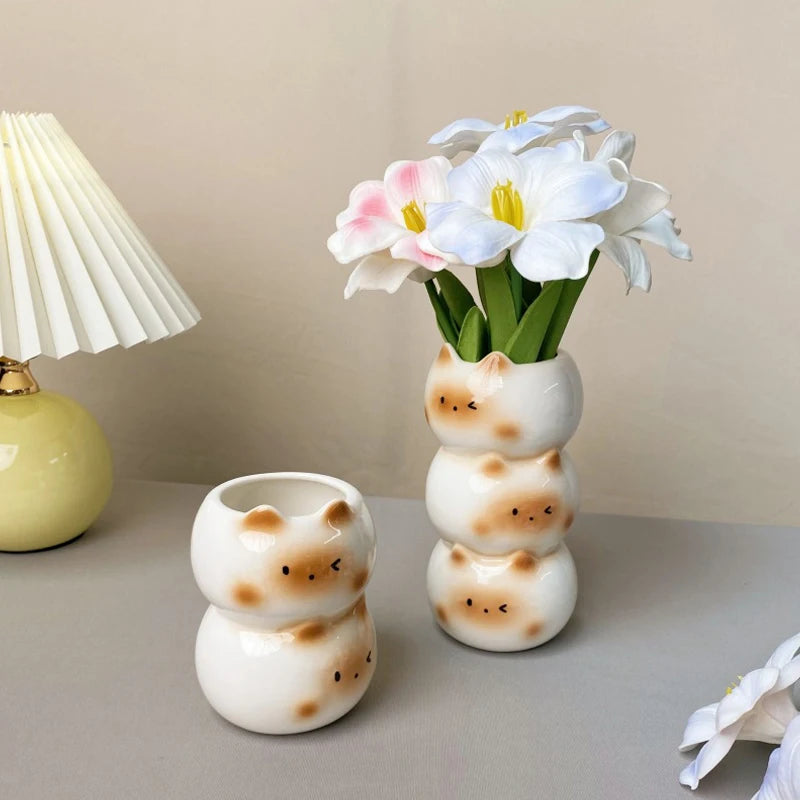 vase céramique blanc noir chaton taches marron décoratif animalier fleurs artificielles salon chambre