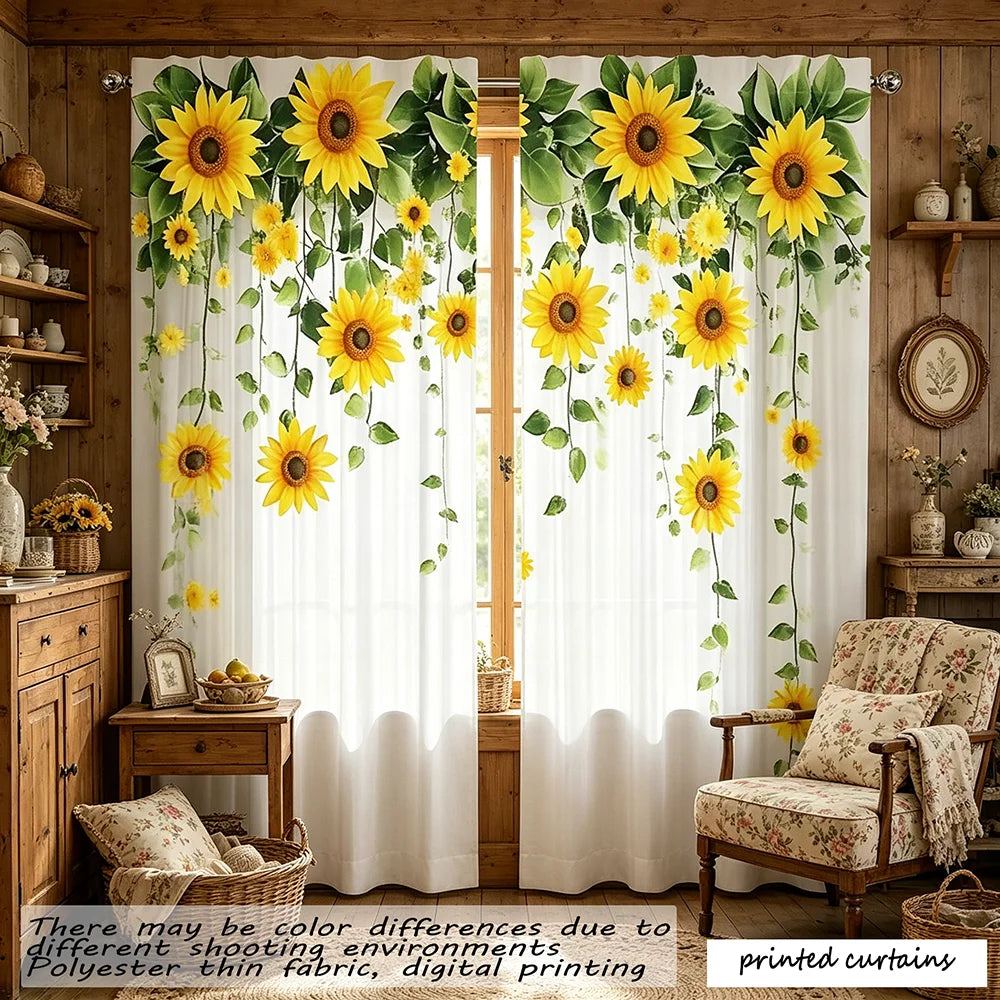 rideaux imprimés moderne tournesol blanc jaune vert transparent anneaux métalliques polyester