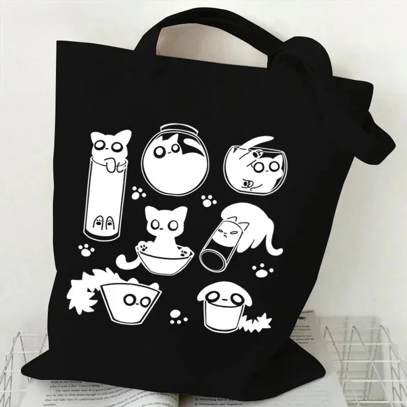 sac main femme toile chat cartoon noir blanc motifs animaux décontracté sans fermeture éclair