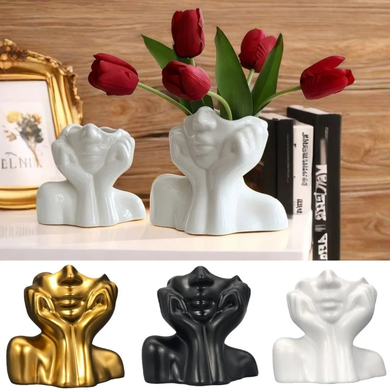 vase céramique buste féminin or noir blanc moderne artistique tulipes rosesDecoration intérieure porte stylos