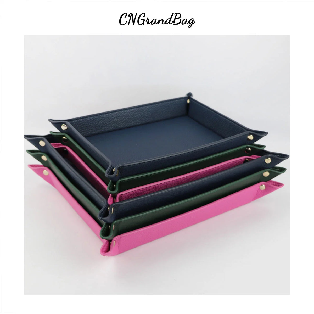 plateau rangement cuir bleu marine rose moderne dorés bijoux accessoires cosmétiques organiser pièces monnaie