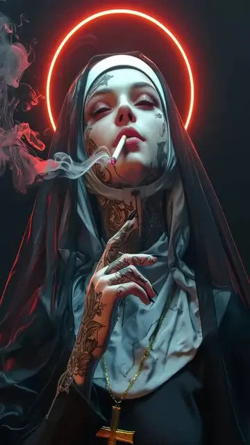 tableau toile tattoo nonne croix halo lumineux contemporain or noir rouge gris İslamistique erotique