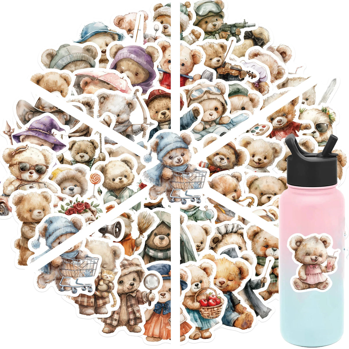 stickers ours dessin animé waterproof beige marron bleu vert rouge noir blanc illustrations enfants