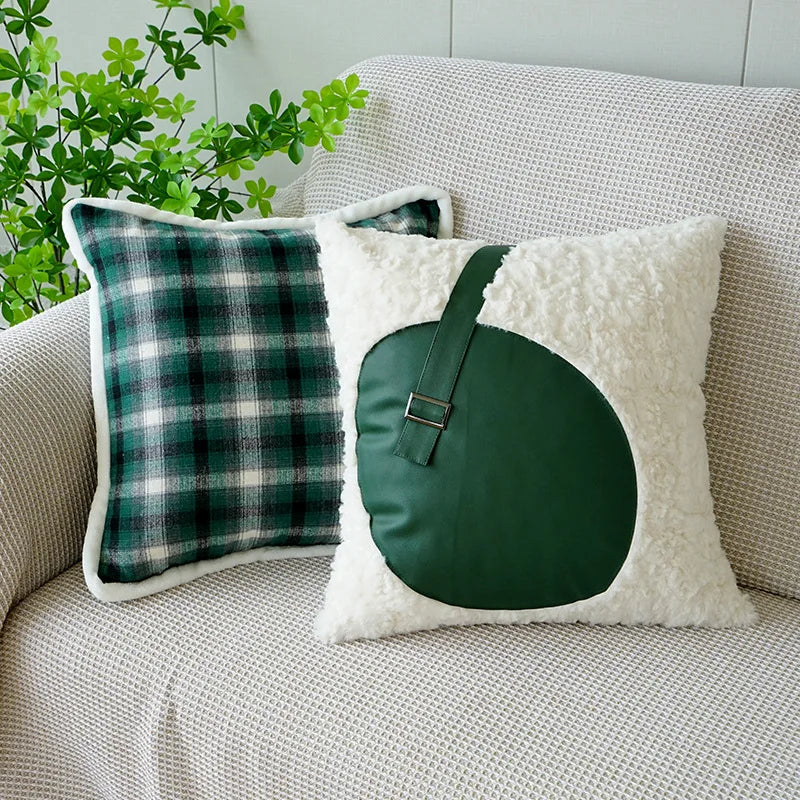 taies d'oreiller patchwork carreaux écossais moderne vert foncé blanc maison adhésif coussin polyester respectueux
