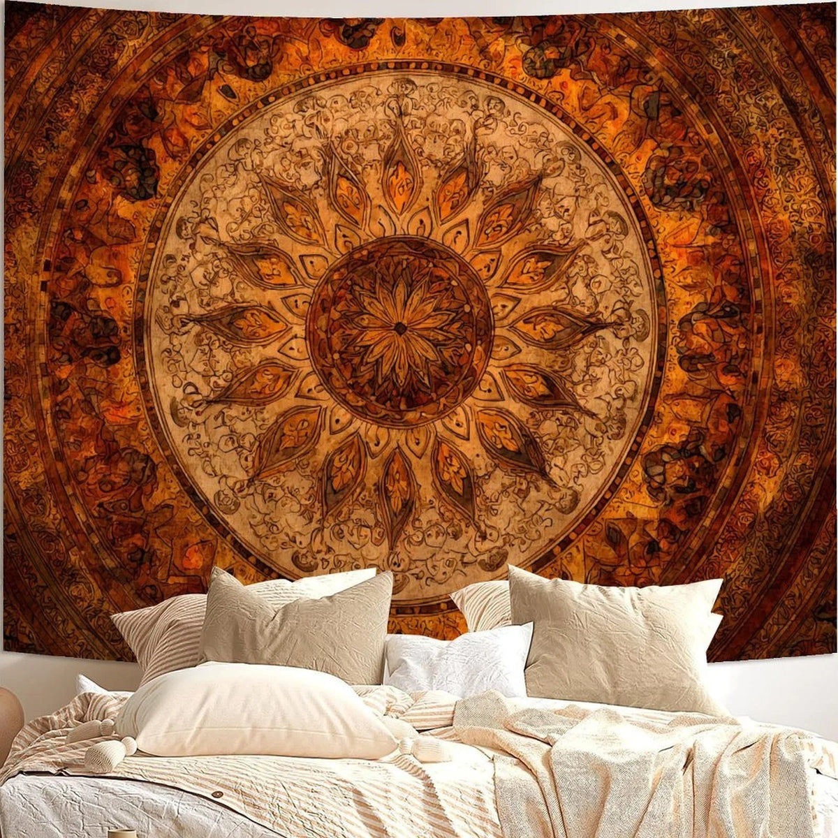 tapisserie bohème mandala orange marron chambre salon décoration murale ethnique scandinave