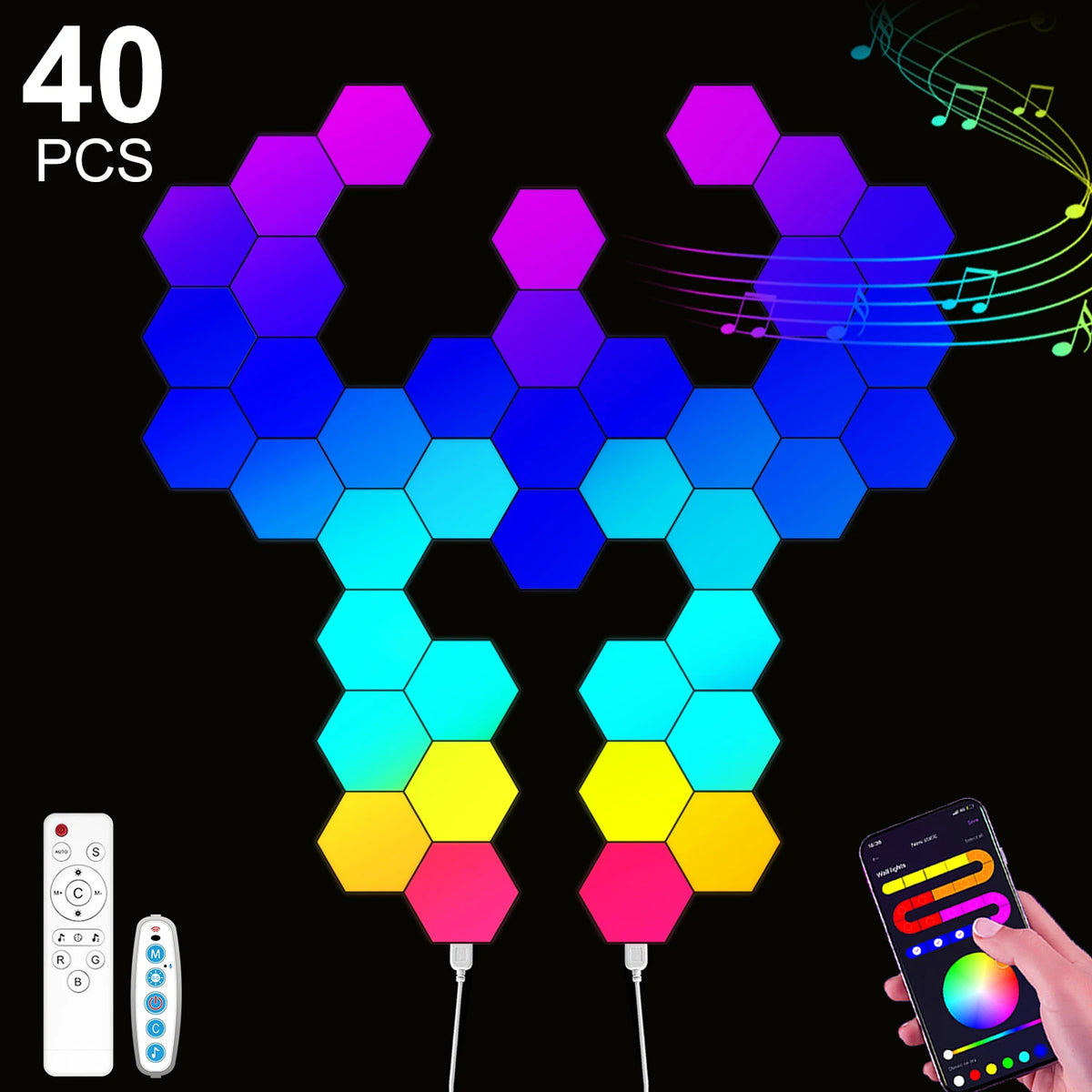 lampe murale hexagonale multicolore modulaire télécommande application moderne portable adjustable folding