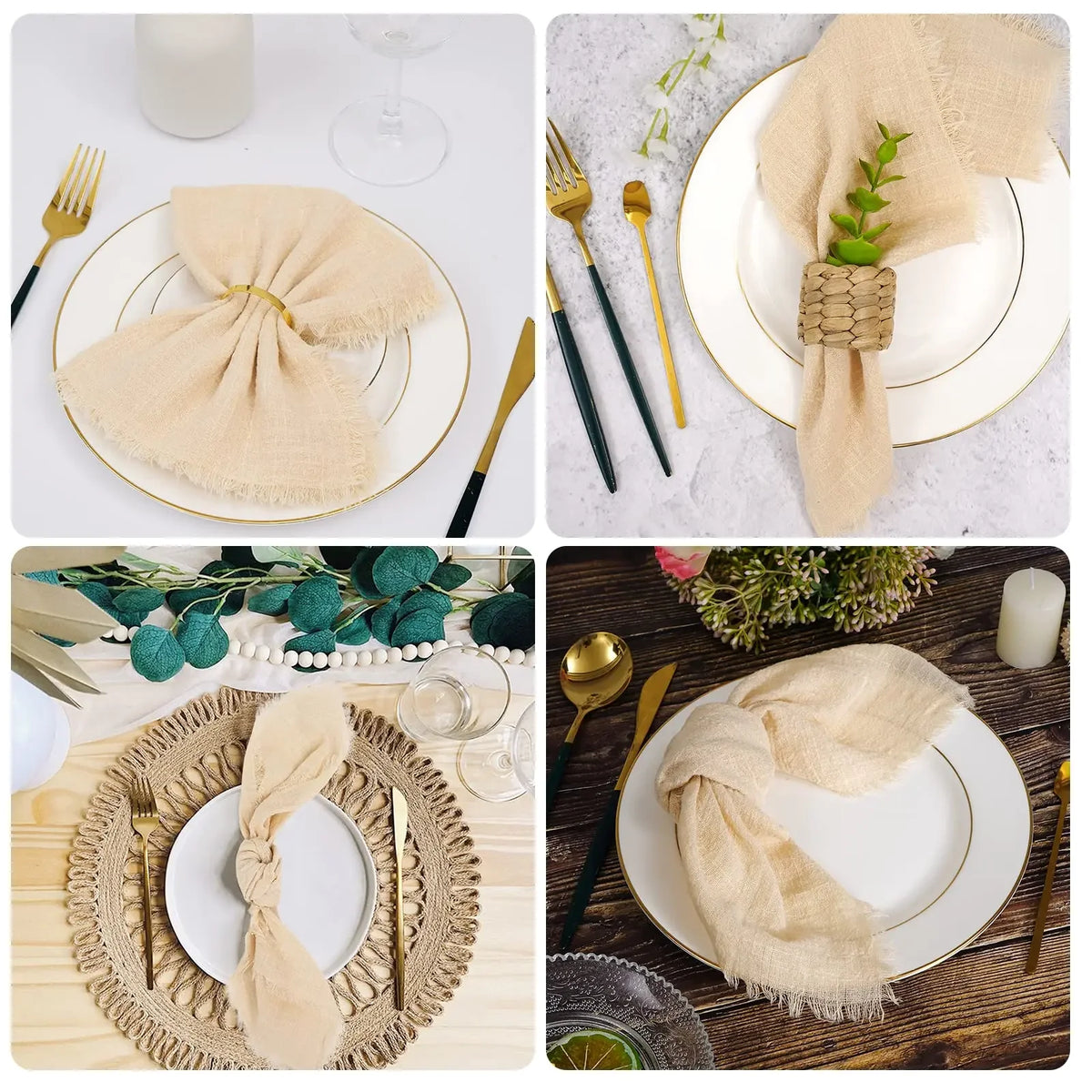 lot dix serviettes table coton beige clair franges rustiques mariage décoration chic maison