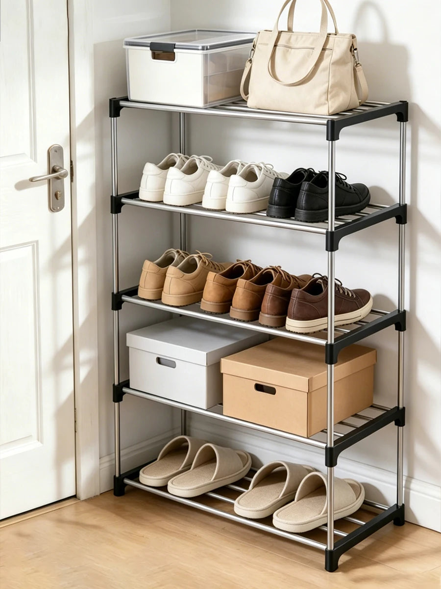 étagère chaussures empilable noir moderne rangement chaussures baskets bottes sacs pvc structure métallique panneaux