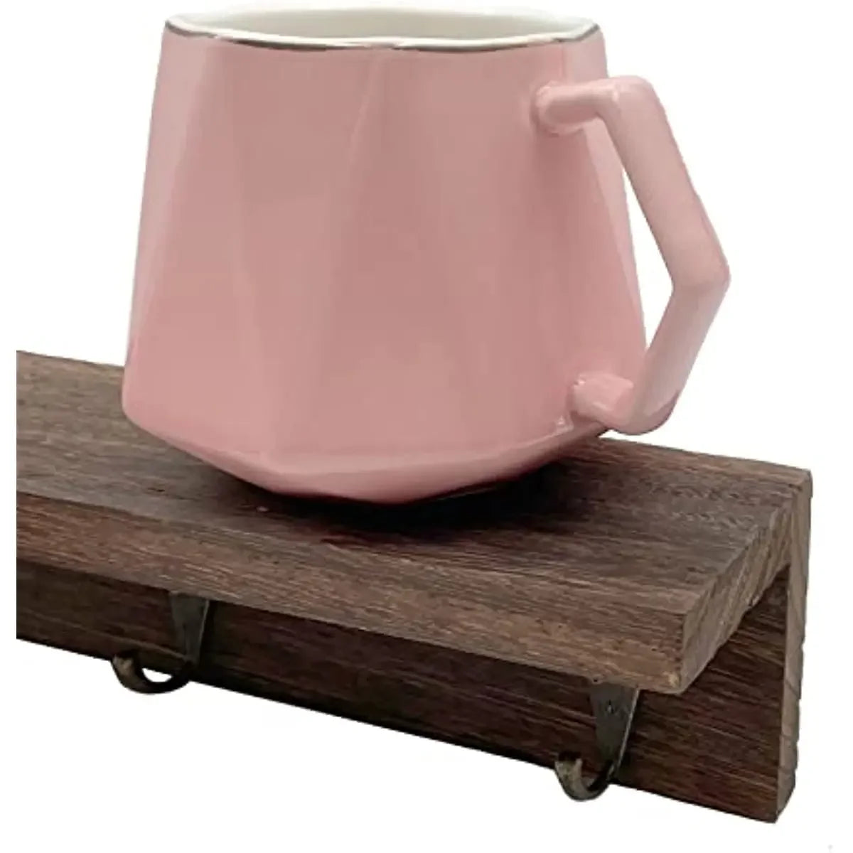 étagère murale rustique porte mugs boîtes vis bois foncé mugs blancs motifs géométriques vintage