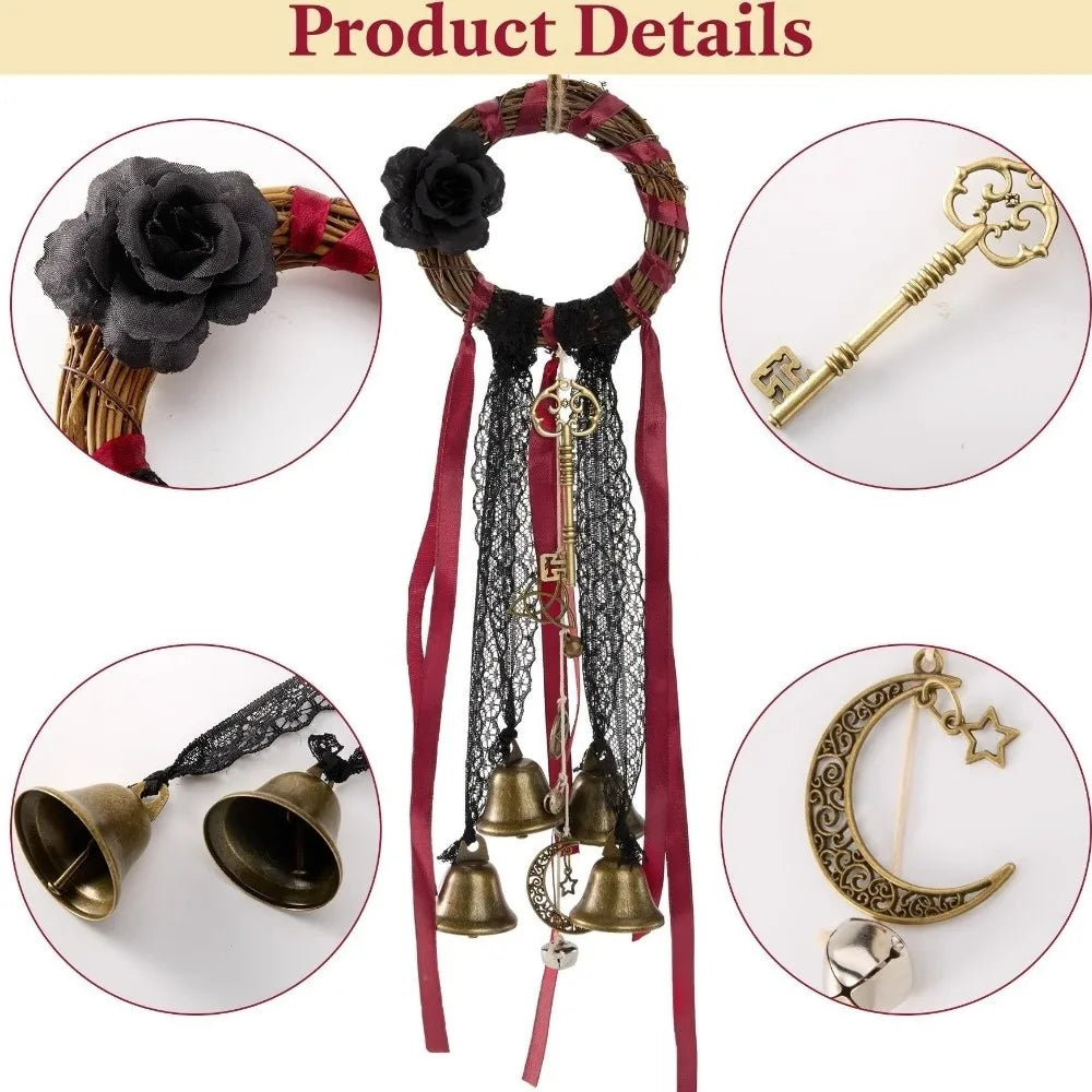 décoration boho chic couronne osier fleurs noires rubans dentelle cloches dorées porte