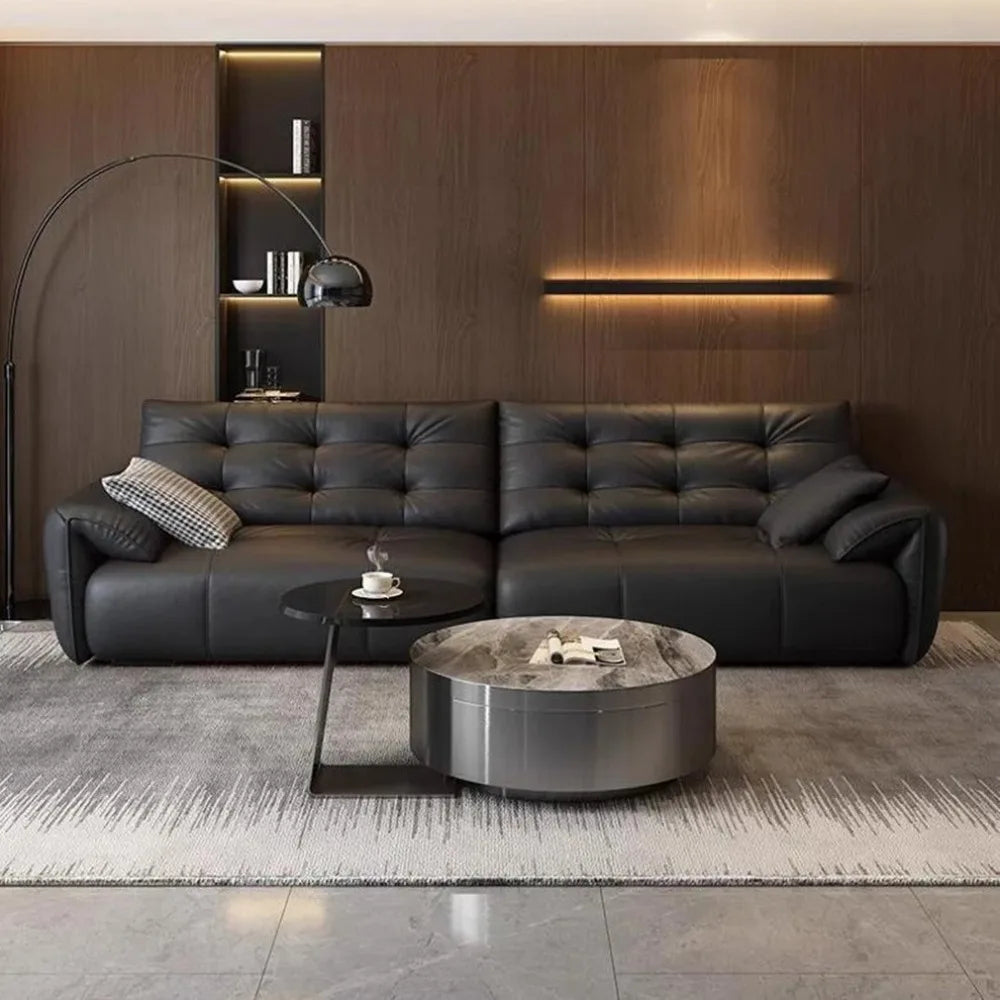 canapé d'angle noir simili cuir boutons moderne salon orienté gauche