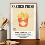Une affiche illustrant des frites françaises, avec le texte "FRENCH FRIES" et des informations sur leur origine et leur préparation datant de 1789.