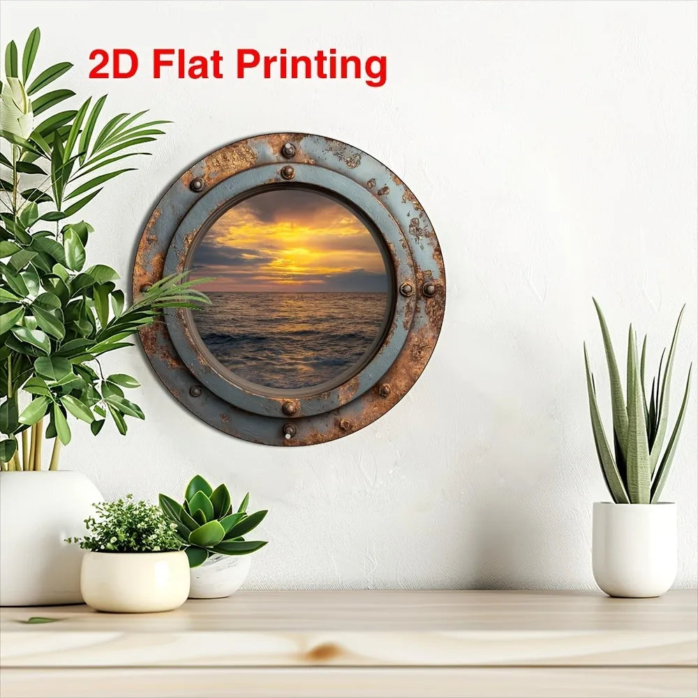 cadre mural vintage océan coucher soleil bleu gris marron bordure métallique vieillie 20x20cm
