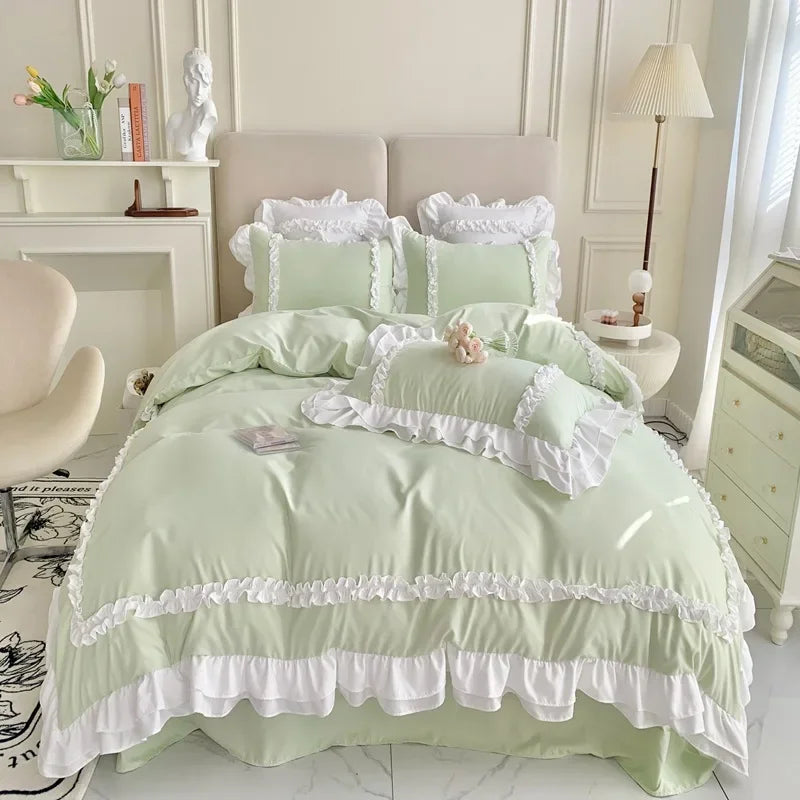 ensemble literie classique bleu clair ruches blanches taies oreiller couverture lit filles