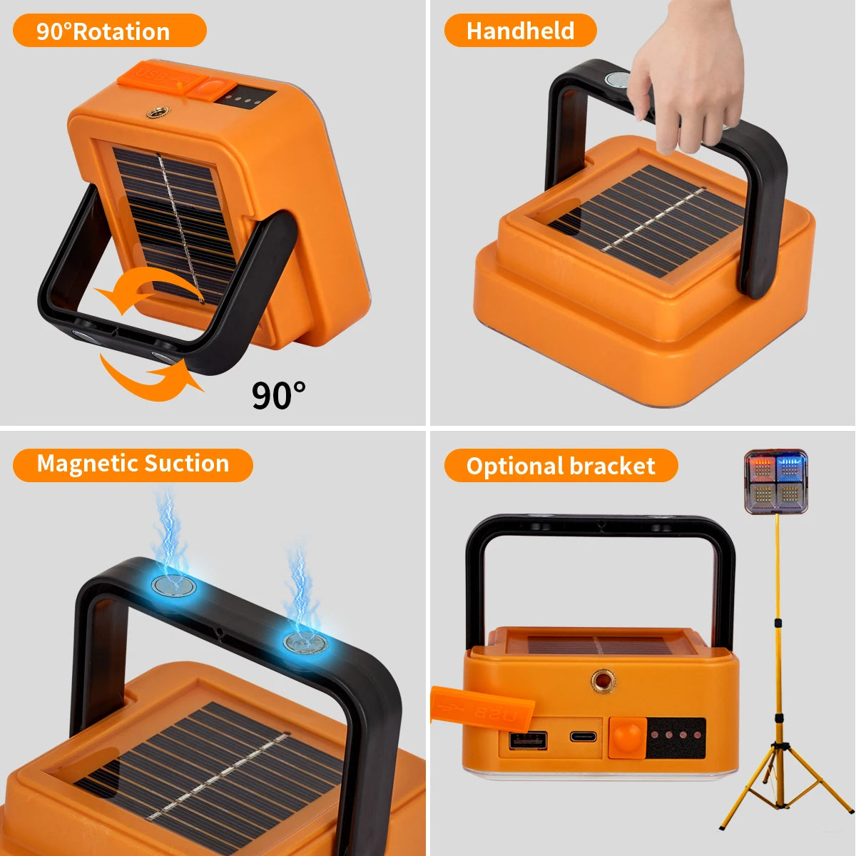 lampe solaire portative orange moderne recharge solaire usb poignée aimant emergency light camping