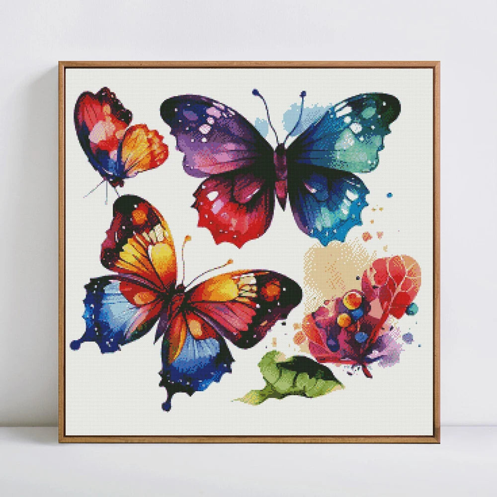kit broderie point croix toile papillons multicolore cadre doré décoration maison moderne artistique