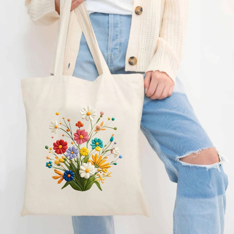 sac main toile fleurs colorées beige respectueux environnement réutilisable poignées tissu motifs imprimés multi