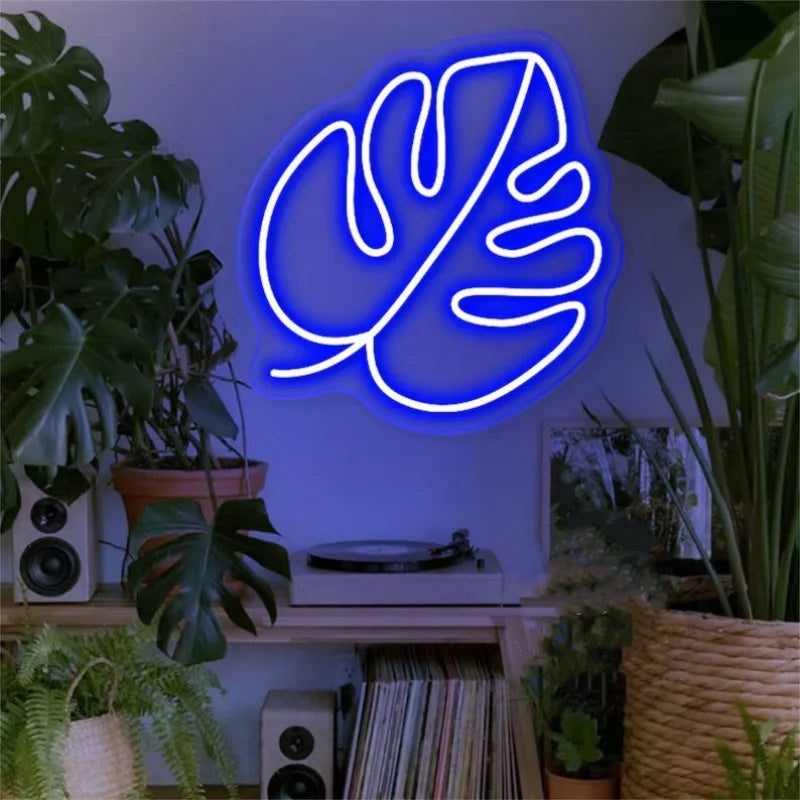 lampe néon feuille tropicale verte rouge bleu blanc stylée moderne opacité chambre salon
