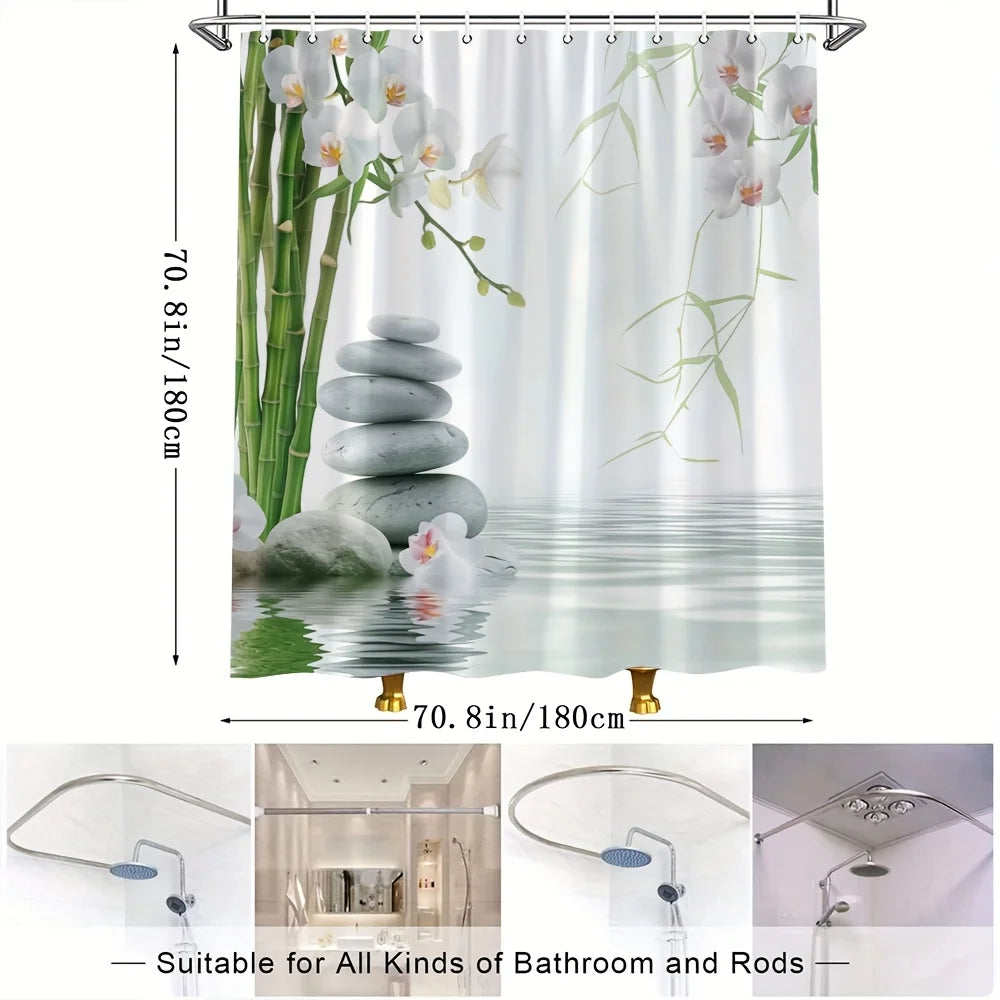 rideau douche moderne orchidées bambou pierres opalescent blanc vert gris rose naturel
