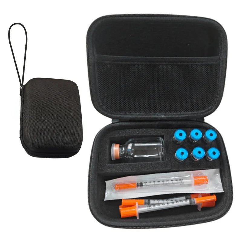 rangement vials noir texturé pratique zippé seringues aiguilles pochettes transparentes réutilisable