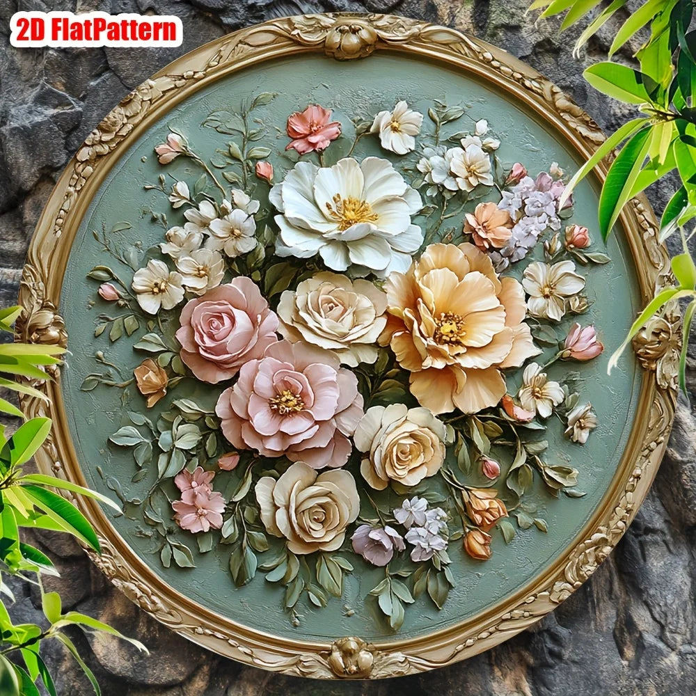 décoration murale ronde motif floral vintage roses feuilles vert menthe blanc