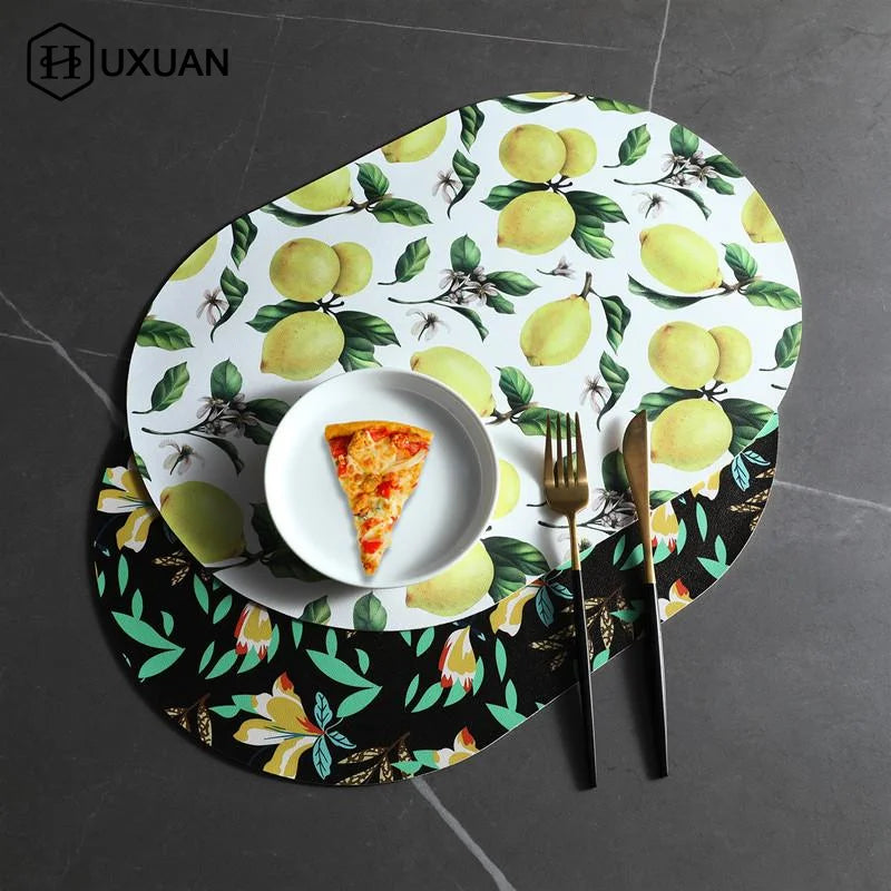 tapis table moderne fleurs feuilles citrons blanc vert jaune rouge beige