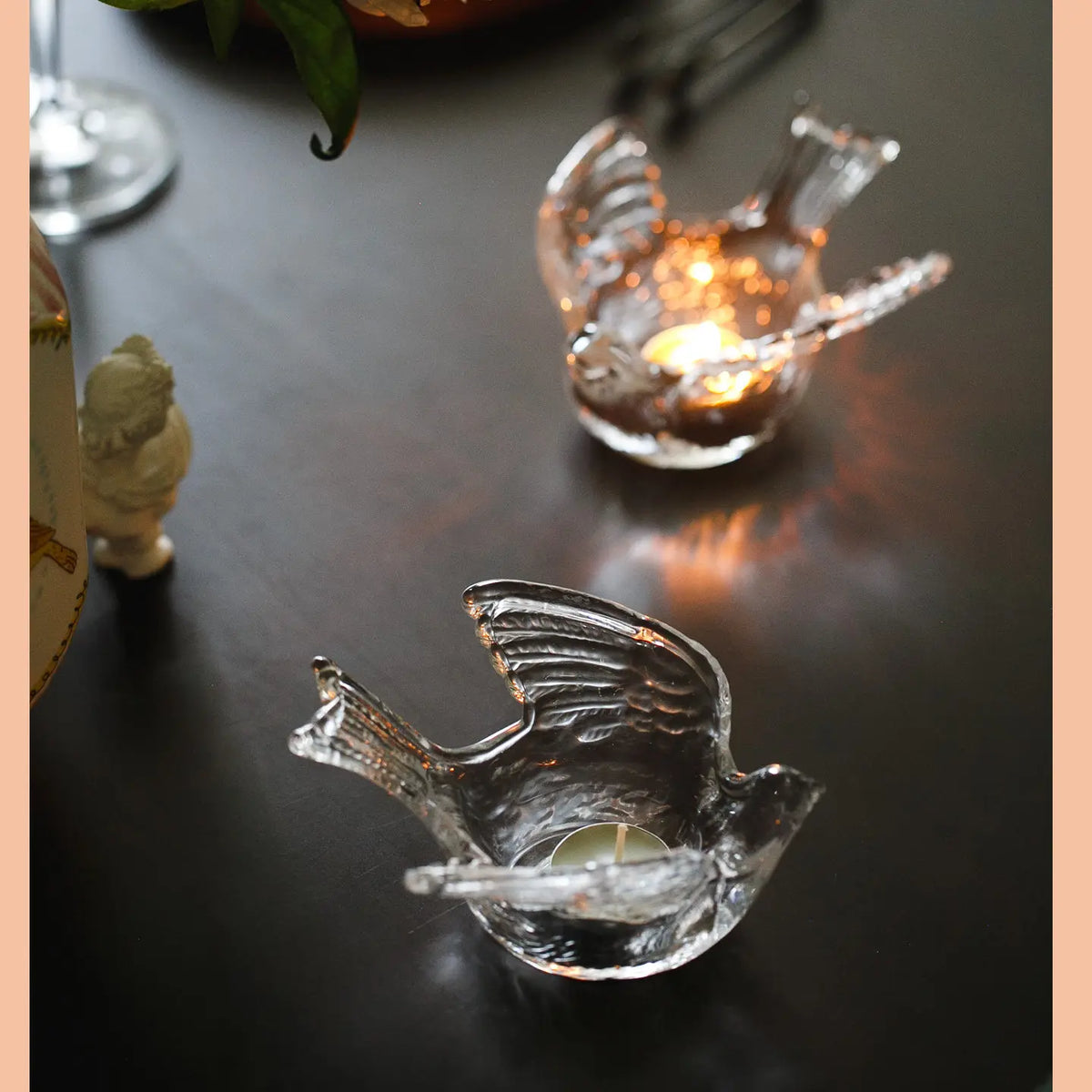 bougeoir oiseau transparent verre tulipe pivoine vase floral motif oiseaux deco intérieure ambiance tamisée