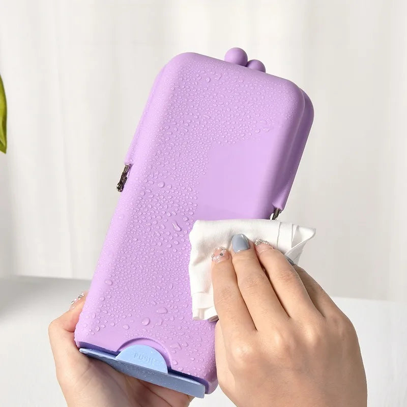 boîte maquillage réutilisable violet bleu clair rose gris moderne cordon lingette