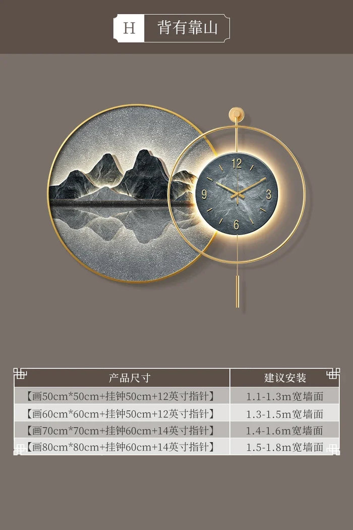 horloge murale or moderne montagnes lune aiguille contemporain salon decoration