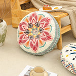 coussin rond boho chic motifs floraux géométriques antidérapant polyester blanc bleu