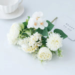 bouquet fleurs artificielles pivoines soie rose blanc violet bleu clair jaune feuillage vert décoration